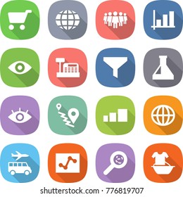 flat vector icon set - cart vector, globe, team, graph, eye, cashbox, funnel, flask, route, sorting, transfer, analytics, viruses, handle washing
