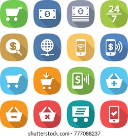 flat vector icon set - cart vector, money, 24 7, dollar arrow, globe connect, phone wireless, pay, add to, mobile, basket, remove from, delete, delivery, checking