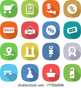 flat vector icon set - cart vector, report, investment, percent, sale, ticket, geo pin, cargo top sign, do not hook, medal, trailer, pear, package, please clean