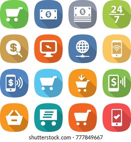 flat vector icon set - cart vector, money, 24 7, dollar arrow, monitor, globe connect, phone wireless, pay, add to, mobile, remove from basket, delivery, checking