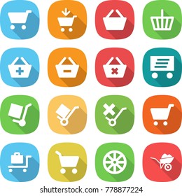 flat vector icon set - cart vector, add to, basket, remove from, delete, delivery, cargo stoller, trolley, do not sign, baggage, wheel, wheelbarrow