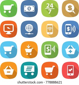 flat vector icon set - cart vector, money, 24 7, dollar arrow, monitor, globe connect, phone wireless, pay, add to, mobile, basket, remove from, delivery, checking