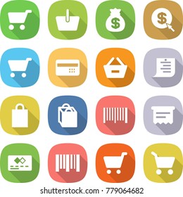 flat vector icon set - cart vector, basket, money bag, dollar arrow, credit card, remove from, shopping list, bar code, atm receipt