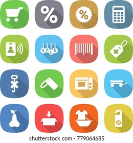 flat vector icon set - cart vector, percent, calculator, pass card, sale, bar code, medical label, do not hook sign, grill oven, trailer, pear, package, handle washing, distrub