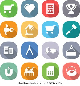 flat vector icon set - cart vector, heart, abacus, trophy, satellite, table lamp, doctors hammer, district, drawing compasses, scooter shipping, loading crane, magnet, factory, sim card, soap