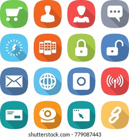 flat vector icon set - cart vector, man, woman, message, lightning, server, lock, unlock, mail, globe, ring button, wireless, envelope, web camera, browser window, link