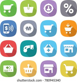 flat vector icon set - cart vector, basket, target audience, percent, phone pay, crypto currency, add to, hand coin, shop, credit card