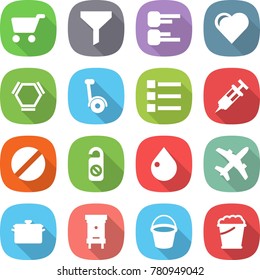 flat vector icon set - cart vector, funnel, diagram, heart, hex molecule, gyroscooter, list, syringe, pill, do not distrub, drop, plane, pan, hive, bucket, foam