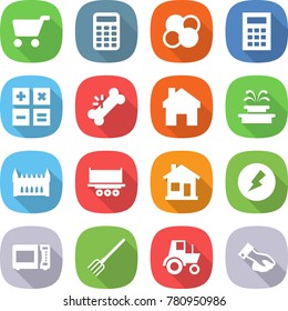 flat vector icon set - cart vector, calculator, atom core, broken bone, home, fountain, gothic architecture, truck shipping, electricity, microwave oven, fork, tractor, wiping