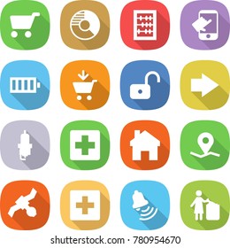 flat vector icon set - cart vector, circle diagram, abacus, touch, battery, add to, unlock, right arrow, spark plug, medical cross, home, geo pin, satellite, first aid, bell, garbage bin