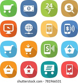 flat vector icon set - cart vector, money, 24 7, dollar arrow, monitor, globe connect, phone wireless, pay, add to, mobile, basket, remove from, delete, delivery, checking