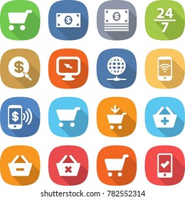 flat vector icon set - cart vector, money, 24 7, dollar arrow, monitor, globe connect, phone wireless, pay, add to, basket, remove from, delete, mobile checking