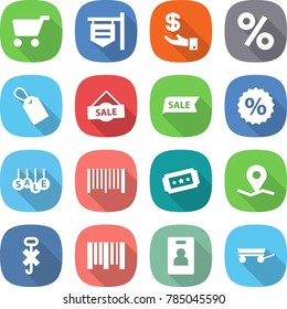 flat vector icon set - cart vector, shop signboard, investment, percent, label, sale, bar code, ticket, geo pin, do not hook sign, identity card, trailer