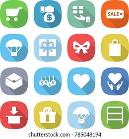 flat vector icon set - cart vector, money gift, sale, parachute, bow, shopping bag, box, heart, health care, package, hi quality, delivery, rack