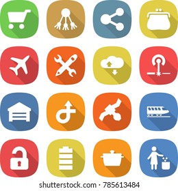 flat vector icon set - cart vector, share, purse, plane, pencil wrench, cloud service, laser, garage, trip, satellite, train, unlocked, battery, pan, garbage bin