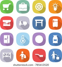 flat vector icon set - cart vector, portfolio, target, bulb, market scales, scooter shipping, stool, fridge, thermometer, cookies, flour, farm fence, trash, brush, garbage bin