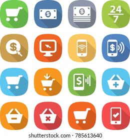 flat vector icon set - cart vector, money, 24 7, dollar arrow, monitor, phone wireless, pay, add to, mobile, basket, remove from, delete, checking