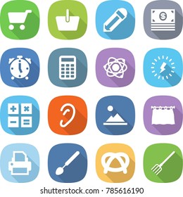 flat vector icon set - cart vector, basket, pencil, money, alarm clock, calculator, atom, lightning, ear, landscape, curtain, printer, big spoon, pretzel, fork