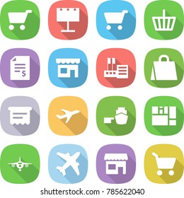 flat vector icon set - cart vector, billboard, basket, account balance, shop, store, shopping bag, atm receipt, plane, port, consolidated cargo, airplane