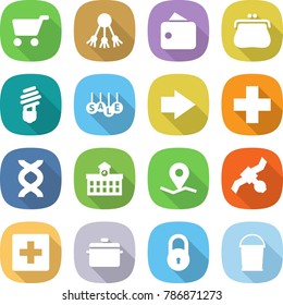 flat vector icon set - cart vector, share, wallet, purse, bulb, sale, right arrow, medical cross, dna, university, geo pin, satellite, first aid, pan, lock, bucket