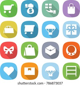 flat vector icon set - cart vector, money gift, shopping bag, delivery, parachute, bow, box, necklace, heart, package, rack