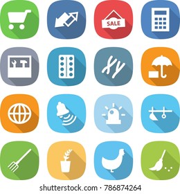 flat vector icon set - cart vector, up down arrow, sale, calculator, tools, pills blister, chromosomes, insurance, globe, bell, siren, plow, fork, seedling, chicken, broom