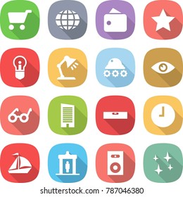 flat vector icon set - cart vector, globe, wallet, star, bulb, table lamp, lunar rover, eye, pacemaker, skyscraper, level, clock, sail boat, detector, speaker, shining