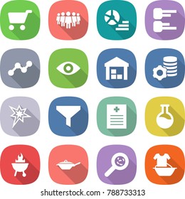 flat vector icon set - cart vector, team, diagram, graph, eye, warehouse, virtual mining, bang, funnel, recipe, flask, bbq, pan, viruses, handle washing