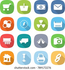 flat vector icon set - cart vector, basket, money, mail, atom core, lightning, nuclear, gothic architecture, truck shipping, tent, camera, home, laser, printer, link