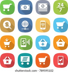 flat vector icon set - cart vector, money, 24 7, dollar arrow, globe connect, phone wireless, add to, mobile pay, basket, remove from, delete, delivery, checking