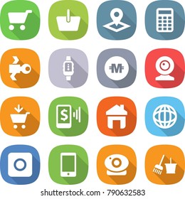 flat vector icon set - cart vector, basket, pointer, calculator, satellite, smart watch, crypto currency, web cam, add to, mobile pay, home, globe, ring button, phone, camera, bucket and broom