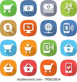 flat vector icon set - cart vector, money, 24 7, dollar arrow, monitor, globe connect, phone pay, add to, mobile, basket, remove from, delete, checking