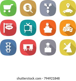 flat vector icon set - cart vector, dollar arrow, core splitting, car pointer, shop signboard, tv, hospital recieption, modern architecture, traffic light, railroad shipping, baggage