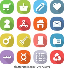 flat vector icon set - cart vector, basket, pencil, heart, chess horse, spinner, home, mail, male sign, surgical clamp, door, phone, speed train, dna, circuit, recycling