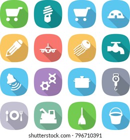 flat vector icon set - cart vector, bulb, dome house, pencil, plane, jellyfish, water tap, bell, dna edit, pan, handle scales, fork spoon plate, harvester, broom, bucket