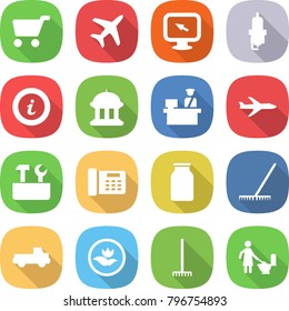 flat vector icon set - cart vector, plane, monitor arrow, spark plug, info, goverment house, customs control, repair tools, office phone, bank, rake, pickup, ecology, toilet cleaning