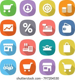 flat vector icon set - cart vector, target audience, coin stack, statistics, percent, cashbox, wallet, shop, store, scales, shopping bag, sale