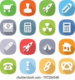 flat vector icon set - cart vector, man, rocket, pencil, money, calculator, nuclear, tent, home, phone, laser, link, pretzel