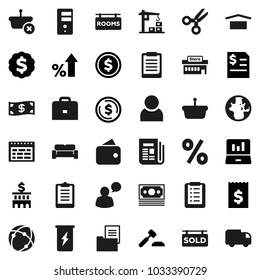 Flat vector icon set - case vector, schedule, clipboard, scissors, world, dollar coin, laptop graph, percent growth, auction, annual report, bank building, receipt, medal, enegry drink, money, user