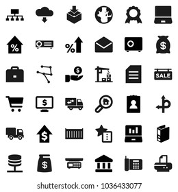 Flat vector icon set - case vector, medal, world, document, bank, cart, laptop graph, percent growth, investment, dollar, binder, personal information, safe, hierarchy, monitor, route, sea container