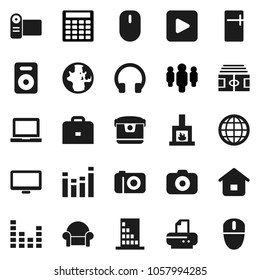 Flat vector icon set - case vector, notebook pc, world, calculator, man, stadium, camera, equalizer, headphones, monitor, speaker, play button, globe, cushioned furniture, fireplace, building, home