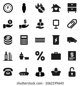 Flat vector icon set - case vector, calculator, presentation, archive, manager, investment, clock, man, enegry drink, client, sea container, car, port, music hit, router, attachment, office building