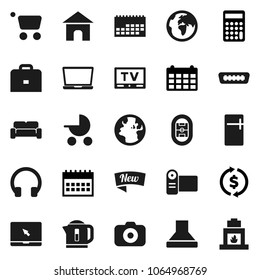 Flat vector icon set - case vector, exchange, calculator, calendar, stadium, earth, camera, tv, headphones, notebook pc, hdmi, cushioned furniture, new, cart, baby stroller, fridge, hood, video