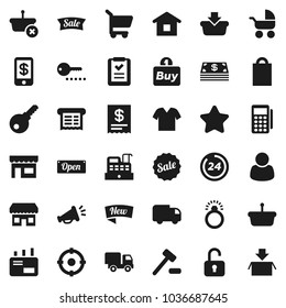 Flat vector icon set - cash vector, star, sale, new, open, 24 hour, shopping bag, store, customer, target, buy, card reader, cashbox, receipt, basket, cart, home, list, auction, delivery, mail