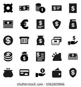 Flat vector icon set - cash vector, money bag, investment, coin stack, any currency, euro sign, receipt, credit card, dollar, wallet, cashbox, check, shield