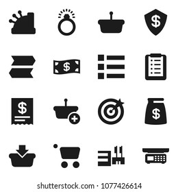 Flat vector icon set - cash vector, money bag, mall, target, cashbox, receipt, basket, cart, shopping list, diamond ring, signpost, menu, dollar shield, store scales
