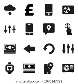 Flat vector icon set - cash vector, pound, heart monitor, money, traking, settings, mobile phone, touchscreen, arrow, undo, cloud upload, ari condition