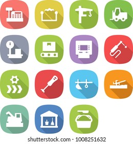 Flat Vector Icon Set - Cashbox Vector, Electrostatic, Tower Crane, Fork Loader, Warehouse Scales, Transporter Tape, Atm, Welding, Conveyor, Blender, Plow, Soil Cutter, Harvester, Utility Room