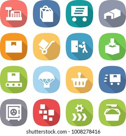 flat vector icon set - cashbox vector, shopping bag, delivery, warehouse, package box, trolley, courier, transporter tape, parachute, basket, fast deliver, safe, blocks, conveyor, washing powder