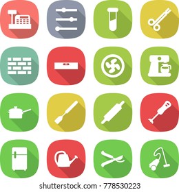 flat vector icon set - cashbox vector, equalizer, test vial, surgical clamp, brick wall, level, cooler fan, coffee maker, saute pan, spatula, rolling pin, blender, fridge, watering can, pruner